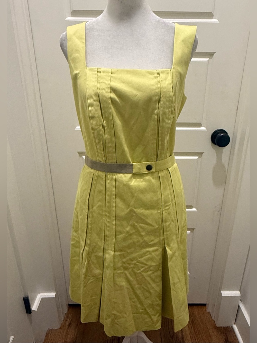 Akris Punto. Yellow Fit Flare Dress Pleated Belted Dress.  Size 12.